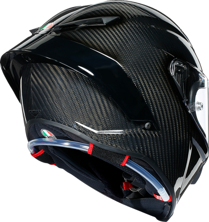 AGV Pista GP RR glossy carbon race helmet with FIM and ECE certification, featuring aerodynamic design and advanced safety features.