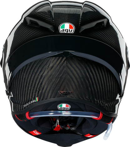 AGV Pista GP RR helmet in glossy carbon finish with FIM and ECE certification, designed for high-performance motorcycle racing.