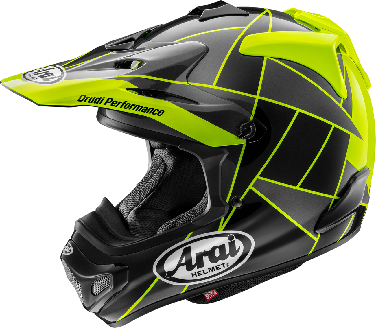 Arai VX-Pro4 Fragment Yellow motorcycle helmet with size XL and advanced safety features, shown from the front.