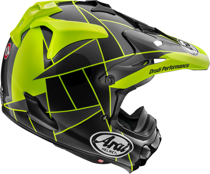 Yellow ARAI VX-Pro4 Fragment helmet in size XL with advanced safety features, designed for motorcycle riders.