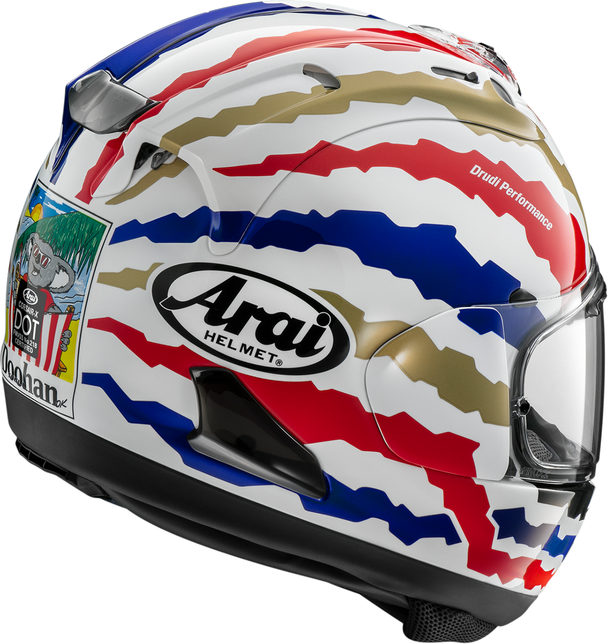Arai Corsair-X Doohan Restyle motorcycle helmet in medium with graphic design, featuring visor and aerodynamic vents.