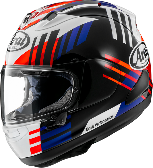 Arai Corsair-X Rea-7 helmet in large size, sleek full-face motorcycle helmet with aerodynamic design and venting, branded Arai Helmets.