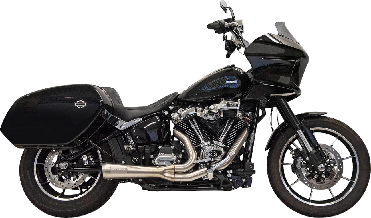 BASSANI XHAUST 2-into-1 Ripper exhaust system with megaphone muffler on a Harley M8 Softail motorcycle, stainless steel finish.