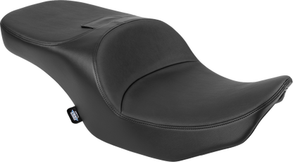 Black vinyl Drag Specialties Freedom Seat for FLT/FLH motorcycles, model 4711A, with comfortable design for Harley-Davidson bikes.