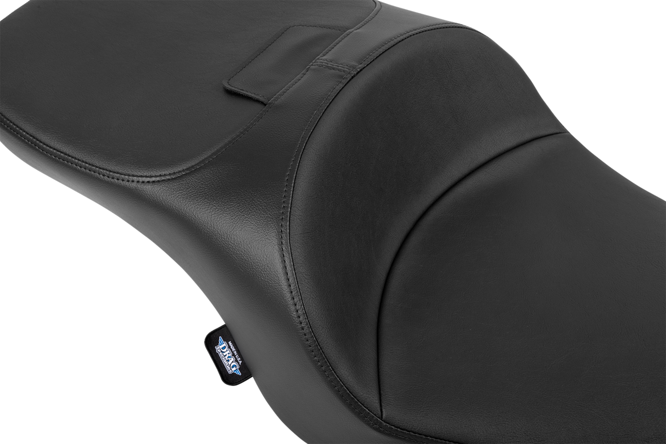 Black vinyl Drag Specialties Freedom Seat for FLT/FLH motorcycles, models 2023-2025, with comfortable ergonomic design.