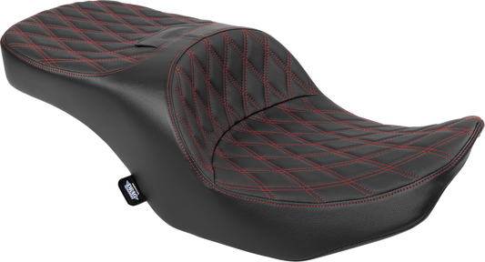 Black vinyl Drag Specialties Freedom Seat with red double diamond stitching for FLT/FLH 2023-2025 motorcycles, part #4711D.