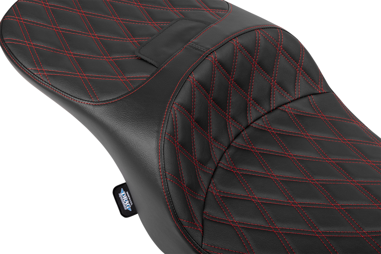 Black vinyl Drag Specialties Freedom Seat for FLT/FLH 2023-2025 with red double diamond stitching, part #4711D.