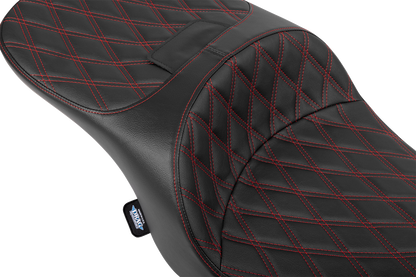 Black vinyl Drag Specialties Freedom Seat for FLT/FLH 2023-2025 with red double diamond stitching, part #4711D.