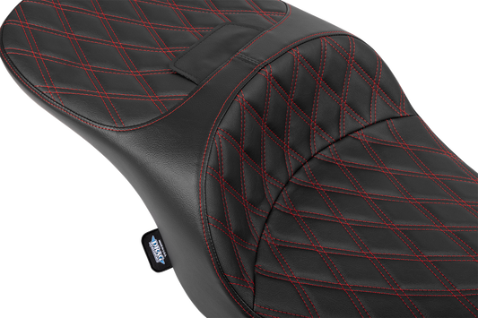 Black vinyl Drag Specialties Freedom Seat for FLT/FLH 2023-2025 with red double diamond stitching, part #4711D.
