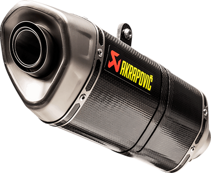 AKRAPOVIC Slip-On Line carbon fiber exhaust for Honda CB750 Hornet, showcasing the sleek, lightweight design and branded logo.