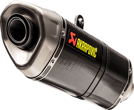 AKRAPOVIC Slip-On Line carbon fiber exhaust for Honda CB750 Hornet, showcasing the sleek, lightweight design and branded logo.