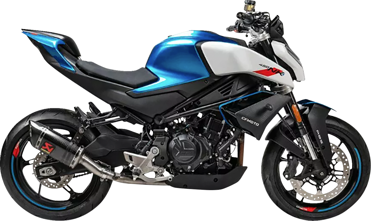 AKRAPOVIC slip-on line muffler with carbon fiber finish for CFMOTO 450SR/NK, shown with sleek carbon fiber exterior and exhaust outlet.