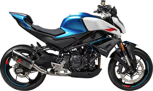 AKRAPOVIC slip-on line muffler with carbon fiber finish for CFMOTO 450SR/NK, shown with sleek carbon fiber exterior and exhaust outlet.
