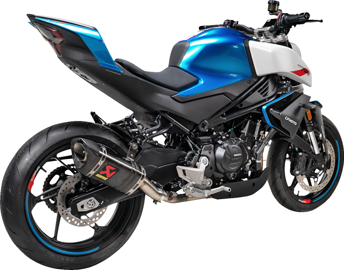 AKRAPOVIC slip-on line muffler with carbon fiber finish for CFMOTO 450SR and NK models, part number S-CF4SO1-APC.