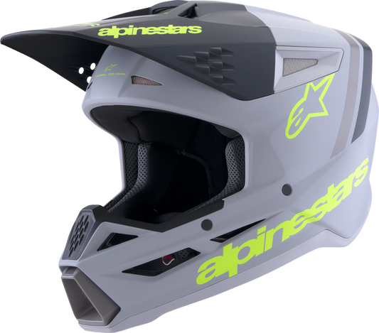 Alpinestars SM3 helmet in Radium matte gray, black, and yellow fluo, lightweight offroad and motocross protection, medium size.