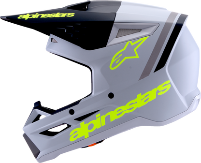 Alpinestars SM3 helmet in matte gray, black, and yellow fluo, designed for offroad and motocross protection, medium size.