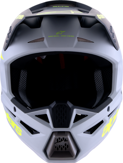 Alpinestars SM3 helmet in Radium matte gray, black, and yellow fluo with lightweight design for offroad and motocross protection.