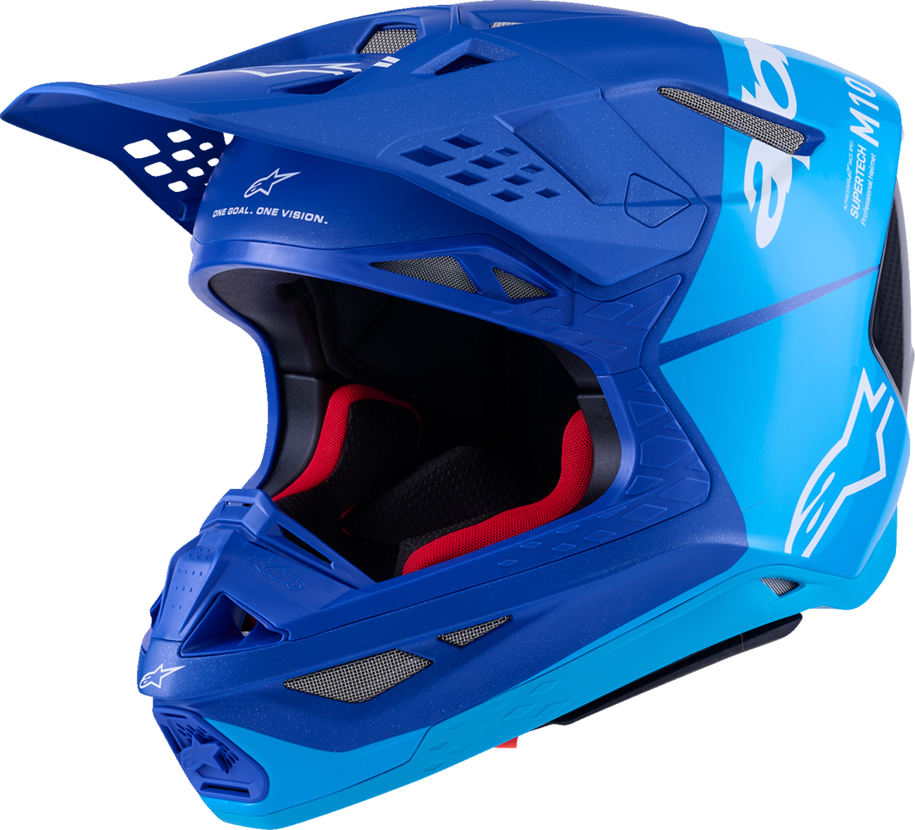 Alpinestars Supertech M10 helmet in flood blue and black with carbon finish and MIPS® technology, designed for high-performance racing.