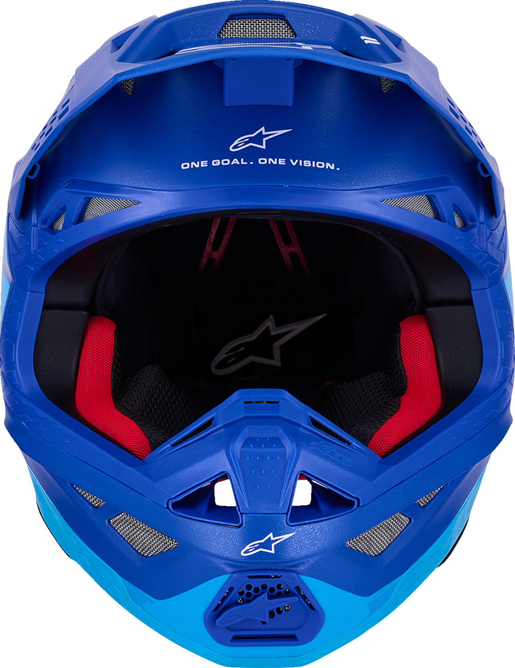 Alpinestars Supertech M10 helmet in flood blue and black with carbon finish and MIPS® technology, shown from a side angle.
