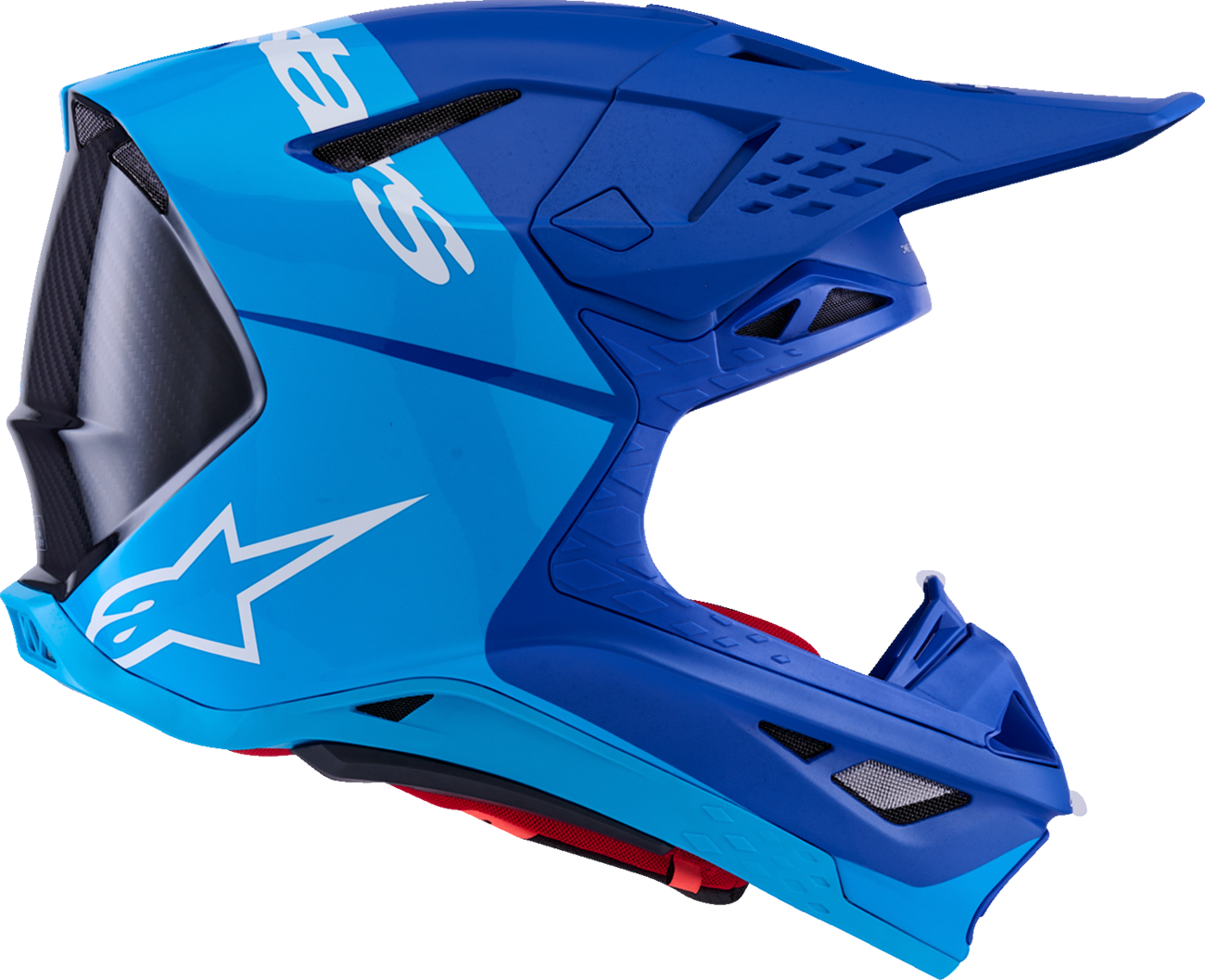 Alpinestars Supertech M10 helmet in flood blue and black with carbon finish and MIPS® technology, front view showing helmet design.