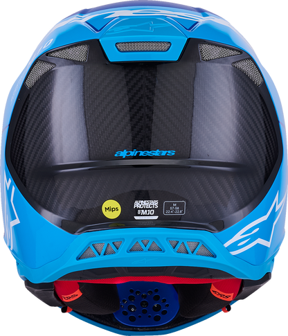 Alpinestars Supertech M10 helmet in flood blue and black with carbon finish and MIPS® technology, showing the aerodynamic design.