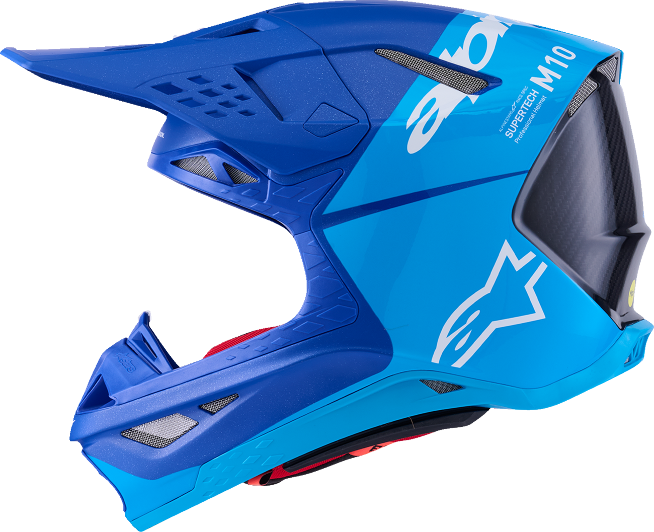 Alpinestars Supertech M10 helmet in flood blue and black with carbon finish and MIPS® technology, shown from the side.