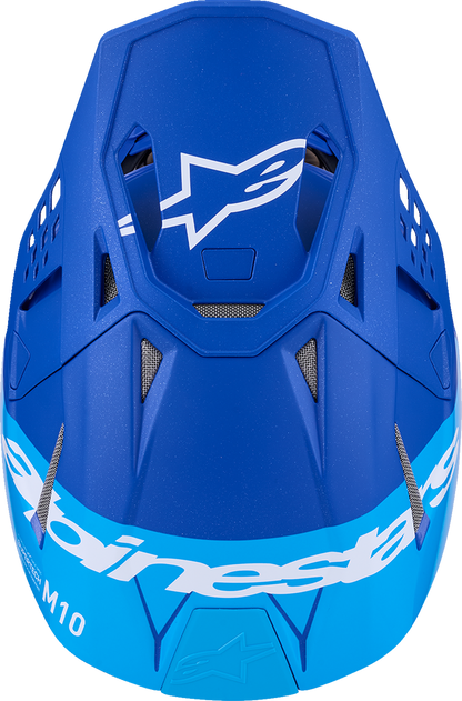 Alpinestars Supertech M10 helmet in flood blue and black with carbon finish and MIPS® technology, shown from a front angle.