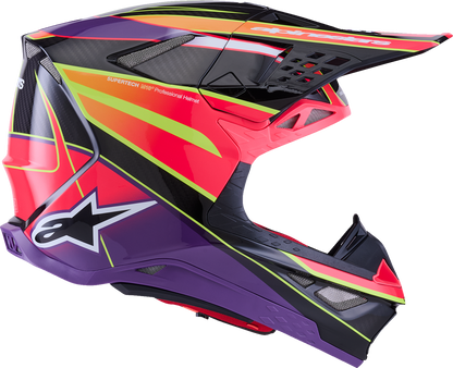 Alpinestars Supertech M10 helmet with MIPS, Era Gloss Pink, Violet, and Yellow Fluo, showing the colorful aerodynamic design.