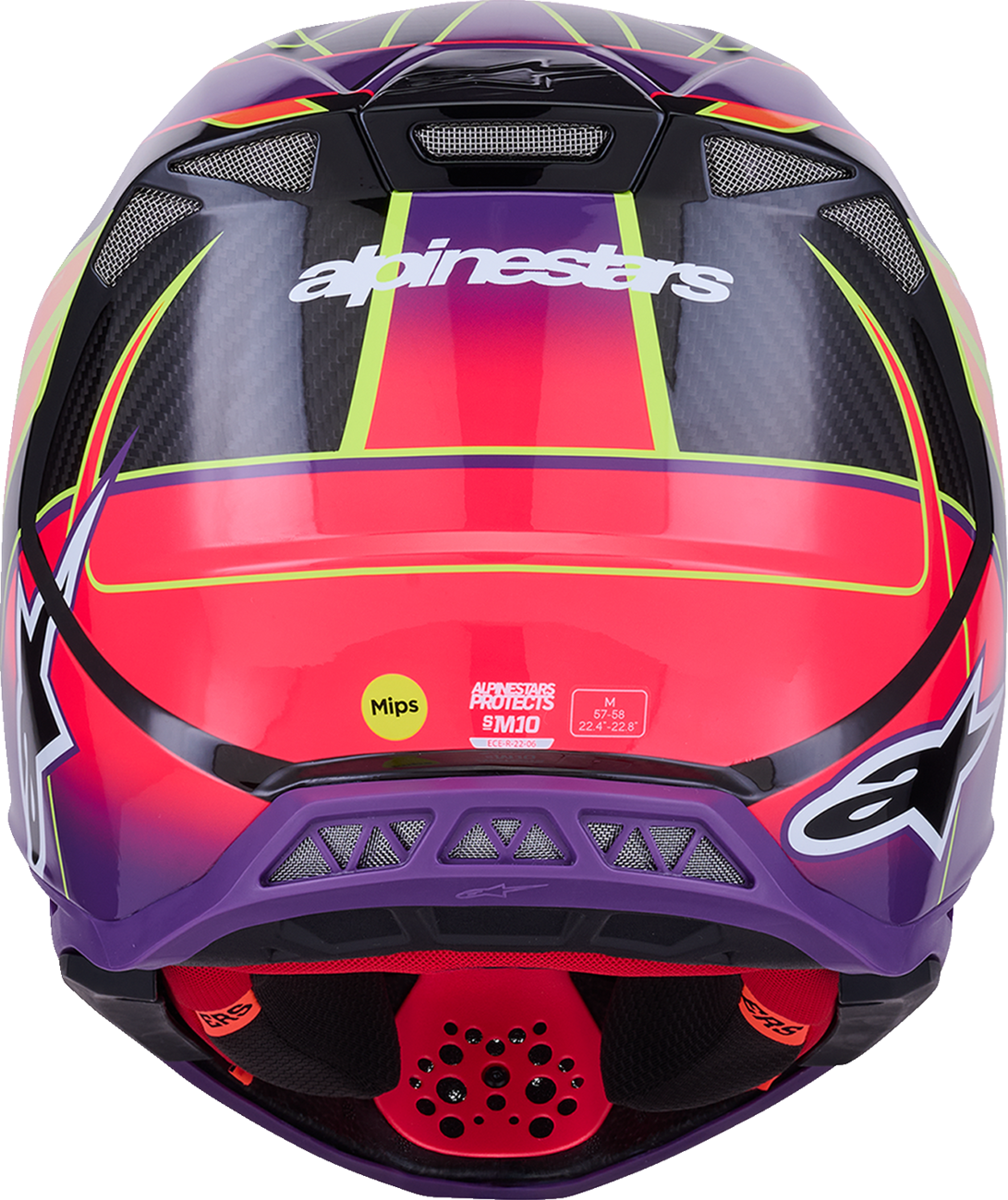 Alpinestars Supertech M10 helmet with MIPS in gloss pink, violet, and yellow fluo, XS size, racing motorcycle helmet.