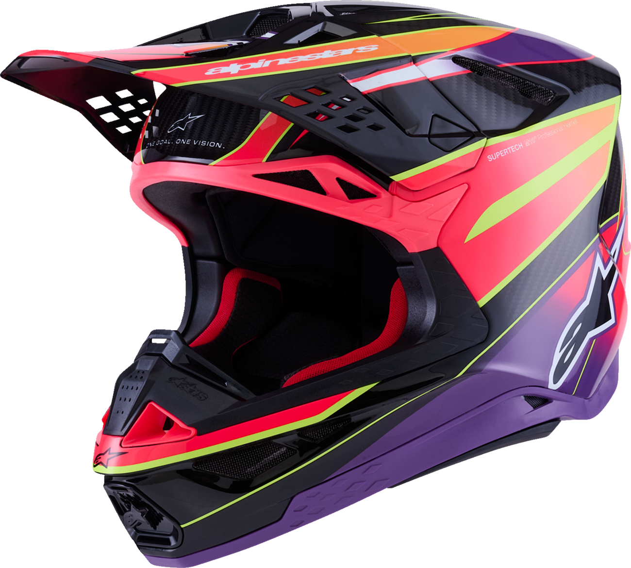 Alpinestars Supertech M10 helmet with MIPS® in gloss pink, violet, and yellow fluo, small size, showing the aerodynamic design and branding.