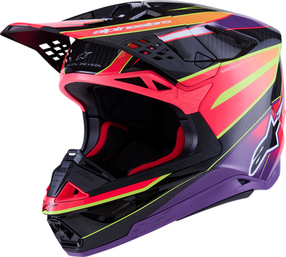 Alpinestars Supertech M10 Helmet with MIPS in glossy pink, violet, and fluorescent yellow, medium size, on a plain background.