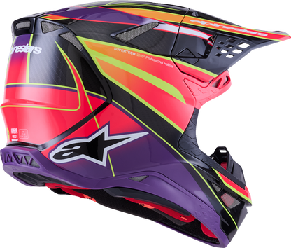 Alpinestars Supertech M10 helmet with MIPS® in gloss pink, violet, and yellow fluo, large size, showcasing sleek racing helmet design.