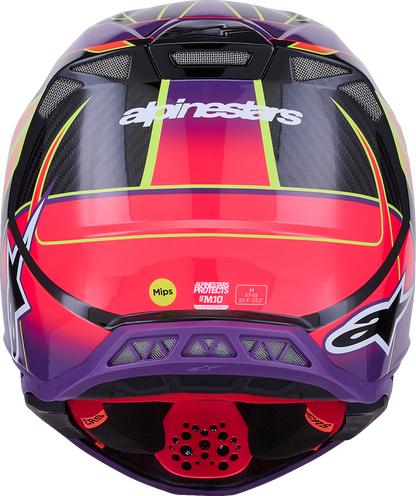 Alpinestars Supertech M10 helmet with MIPS, gloss pink, violet, and yellow fluo design, large size, front view.