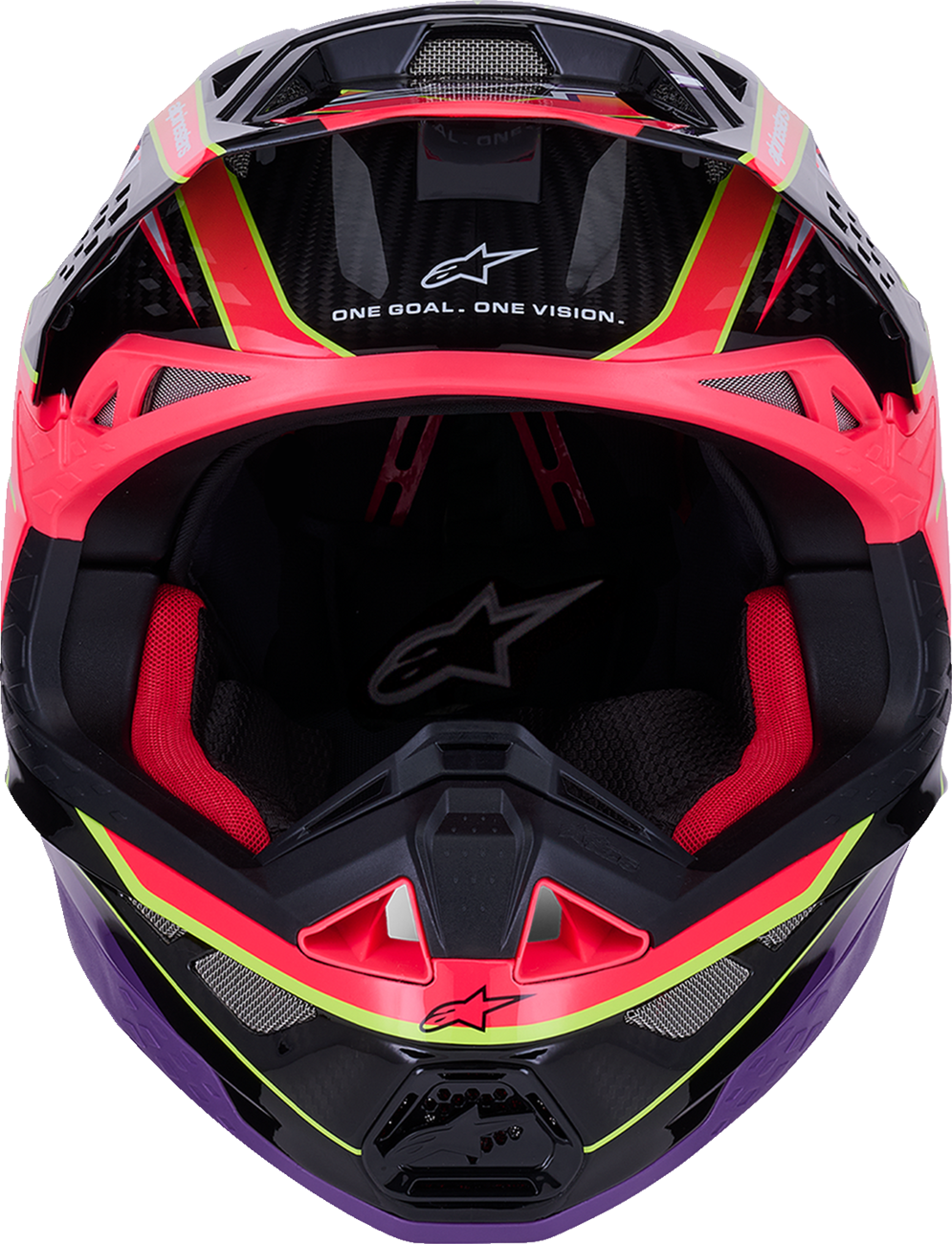 Alpinestars Supertech M10 helmet with MIPS in gloss pink, violet, and fluorescent yellow, medium size, showing helmet front view.