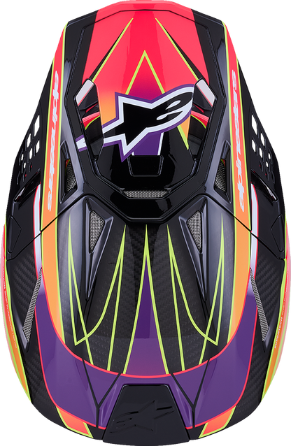 Alpinestars Supertech M10 helmet with MIPS®, gloss pink, violet, and yellow fluo design, small size, racing motorcycle helmet.