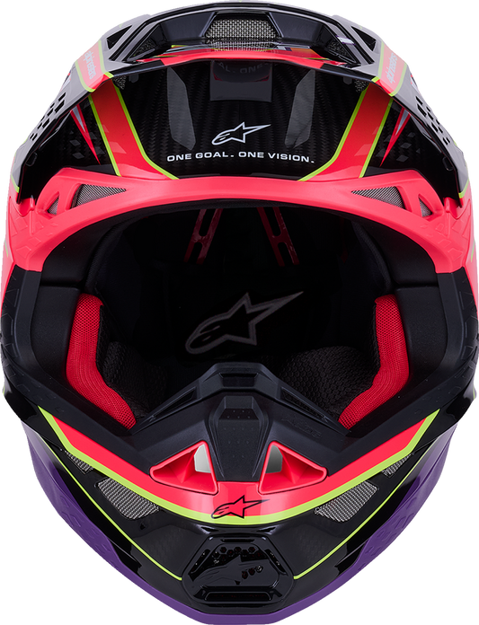 Alpinestars Supertech M10 helmet with MIPS® in gloss pink, violet, and yellow fluo, size XL, shown from the front angle.