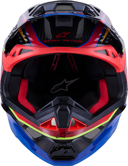 Alpinestars Supertech M10 helmet with MIPS in Era Gloss Blue, Red, and Fluorescent Yellow, size XS, showing sleek racing design.