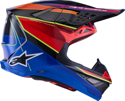 Alpinestars Supertech M10 helmet with MIPS in gloss blue, red, and yellow fluo, size XS, featuring aerodynamic design and ventilation.