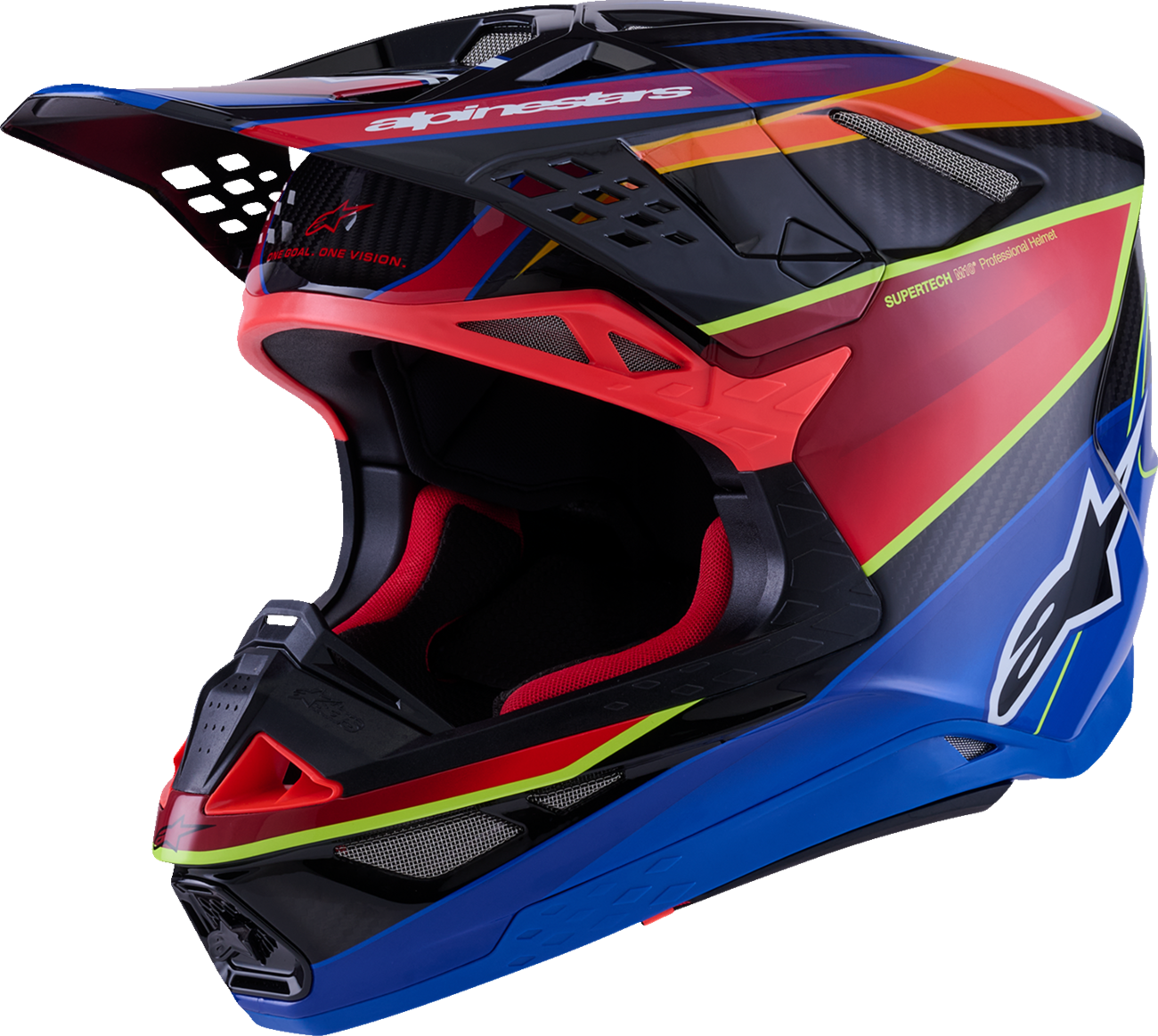 Alpinestars Supertech M10 helmet with MIPS® in gloss blue, red, and yellow fluo, small size, racing helmet with aerodynamic design.