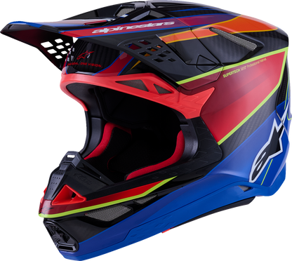 Alpinestars Supertech M10 helmet with MIPS® in gloss blue, red, and yellow fluo, small size, racing helmet with aerodynamic design.