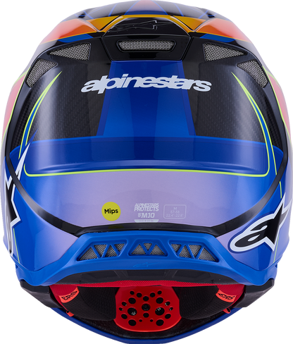 Alpinestars Supertech M10 helmet with MIPS in gloss blue, red, and yellow fluo, small size, shown from front angle.