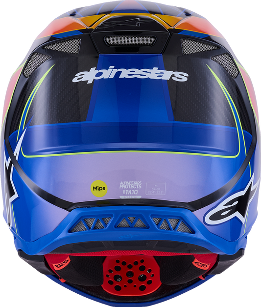 Alpinestars Supertech M10 helmet with MIPS in gloss blue, red, and yellow fluo, small size, shown from front angle.