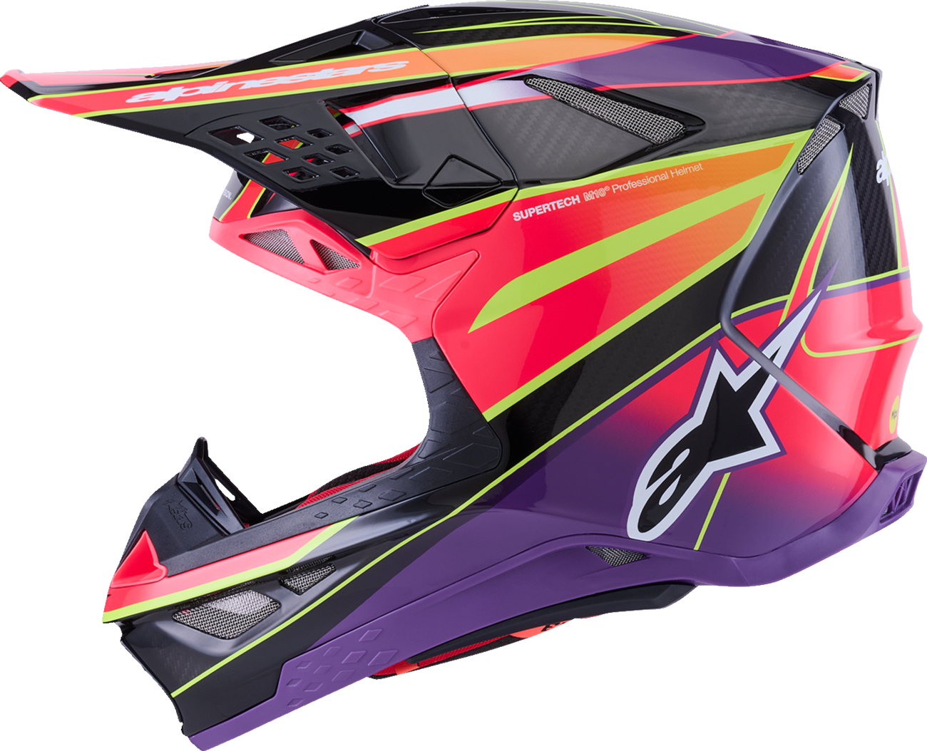 Alpinestars Supertech M10 helmet with MIPS® protection in gloss pink, violet, and yellow fluo, XL size, front view