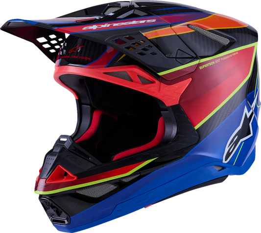 Alpinestars Supertech M10 helmet with MIPS® in large gloss blue, red, and yellow fluorescent design, featuring aerodynamic vents.