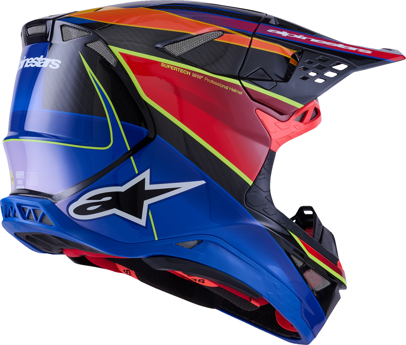 Alpinestars Supertech M10 helmet with MIPS in gloss blue, red, and yellow fluo, small size, showing sleek racing helmet design.