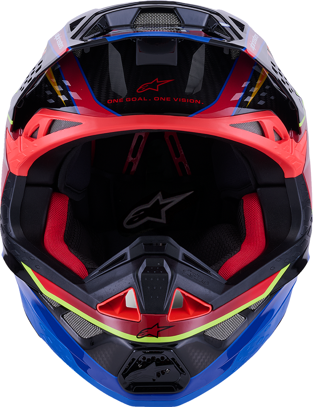 Alpinestars Supertech M10 helmet with MIPS® in large gloss blue, red, and yellow fluorescent colors, featuring aerodynamic vents.