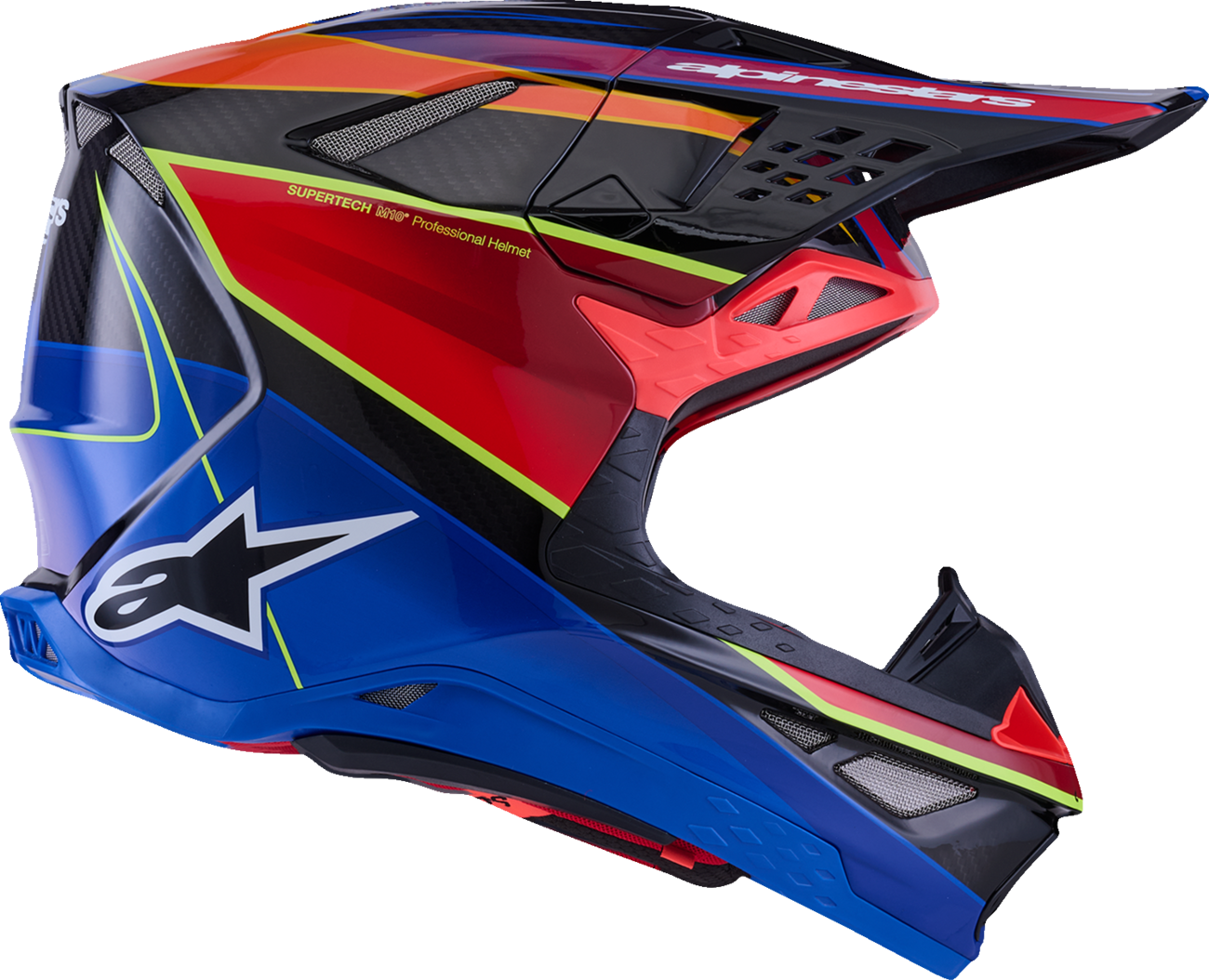 Alpinestars Supertech M10 Helmet in large gloss blue, red, and yellow fluo with MIPS® protection and aerodynamic design.