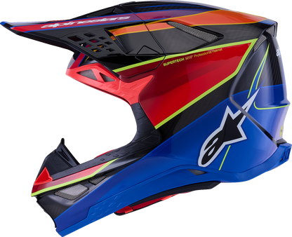 Alpinestars Supertech M10 helmet with MIPS, large size, glossy blue, red, and yellow fluo racing helmet showing front view.