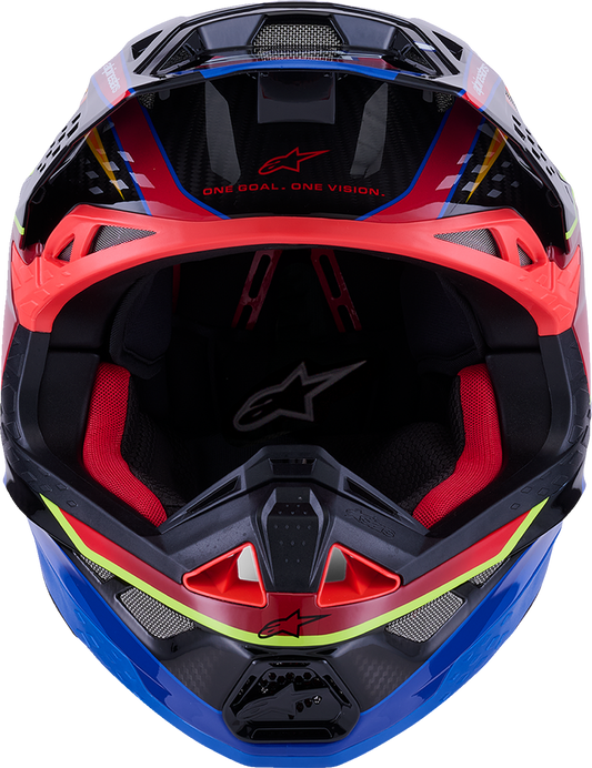 Alpinestars Supertech M10 helmet with MIPS, Era gloss blue, red, and yellow fluo, showing the helmet’s front view and design details.
