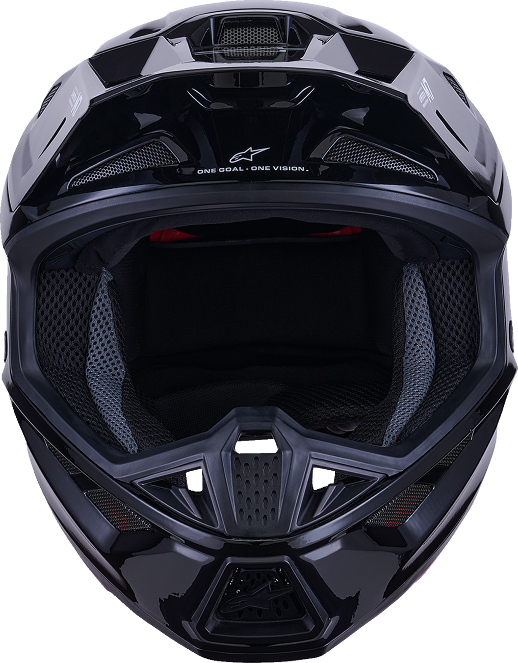 Alpinestars SM7 motorcycle helmet in solid gloss black, large size, featuring a sleek aerodynamic design and safety vents.